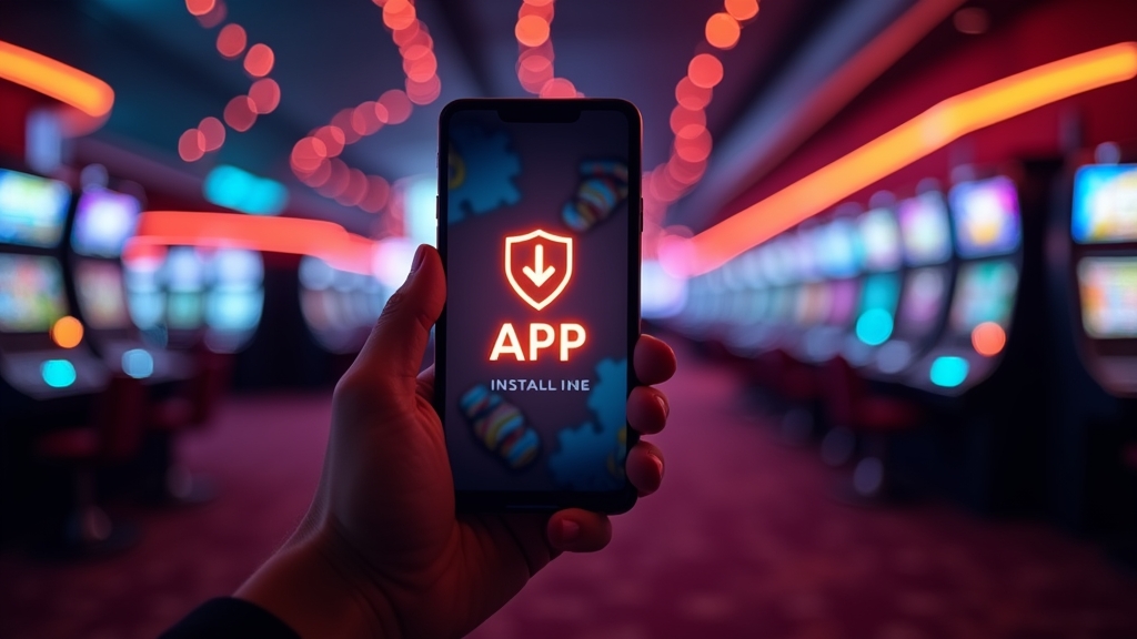 Phone screen with mobile app download steps in a casino-themed setting