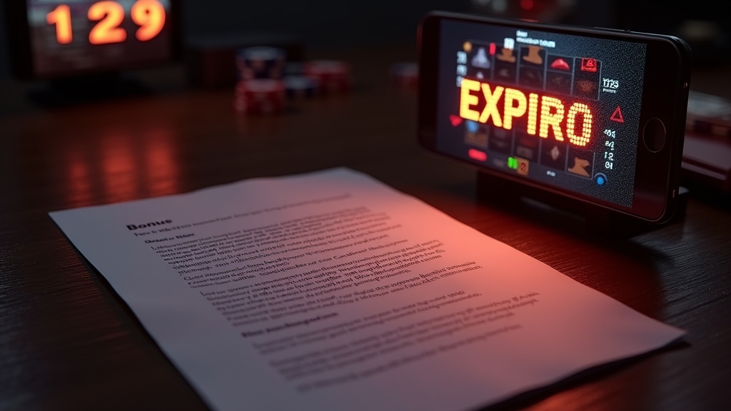 Bonus terms sheet beside slot reels and a glowing expiry timer