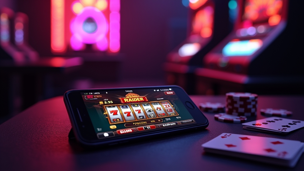 Smartphone showing a mobile casino lobby in a dark neon setting