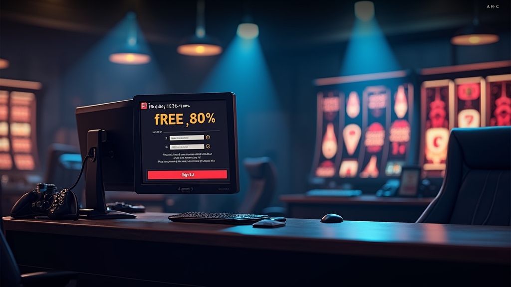 Free bonus voucher beside a sign-up screen and glowing slot reels